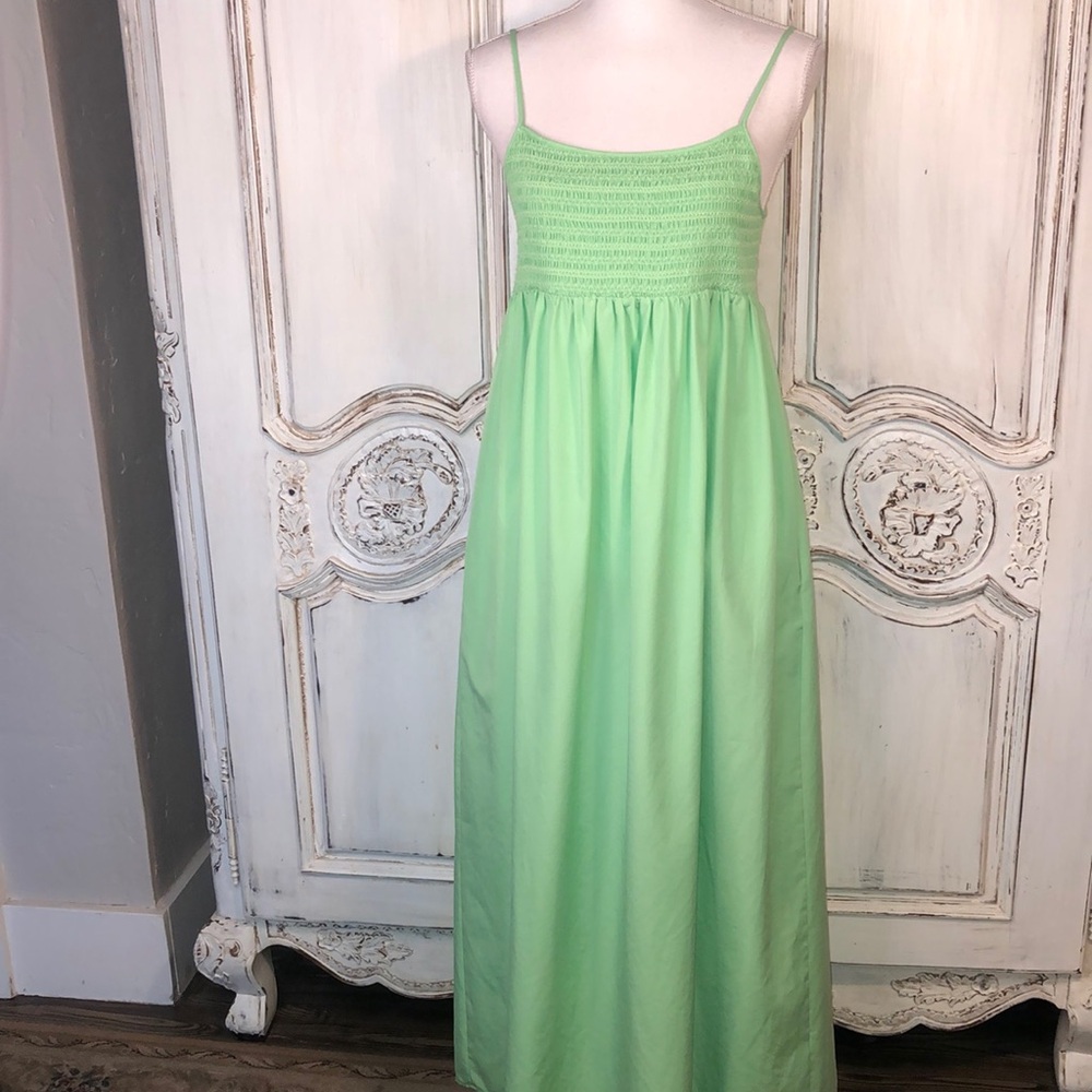 ZARA Empire Smocked Bodice Spaghetti Strap Lime Sherbet Green Maxi Dress Size M